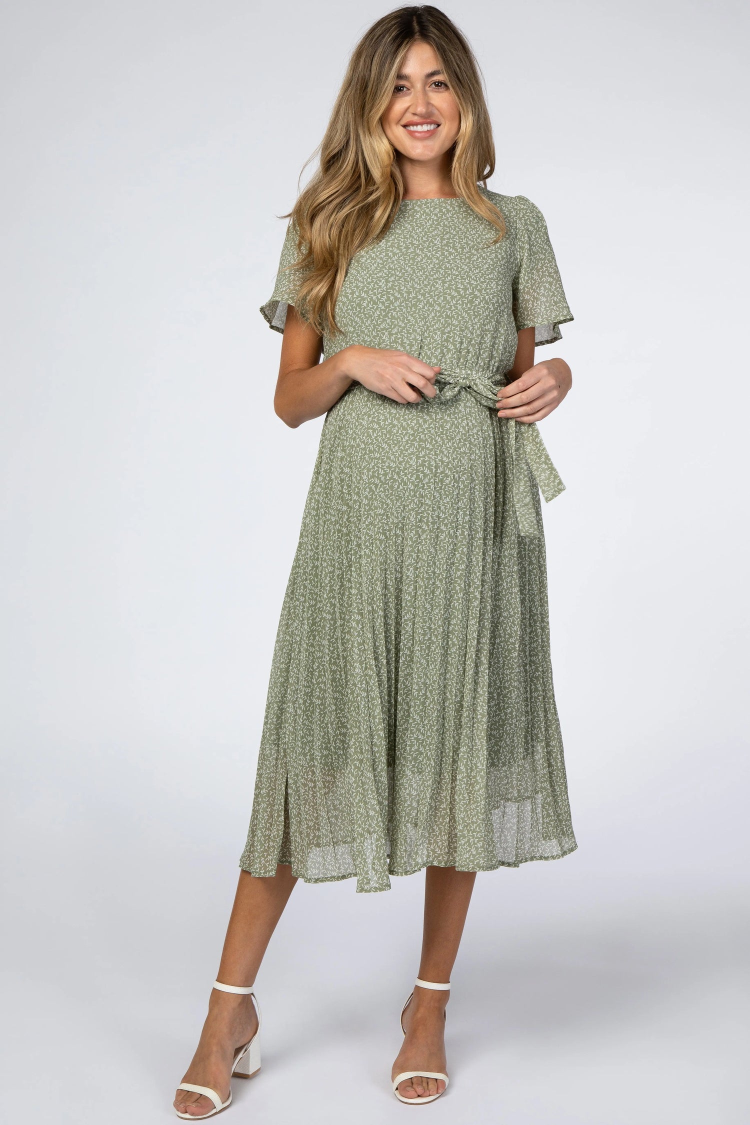 Light Olive Leaf Print Pleated Maternity Midi Dress PinkBlush 