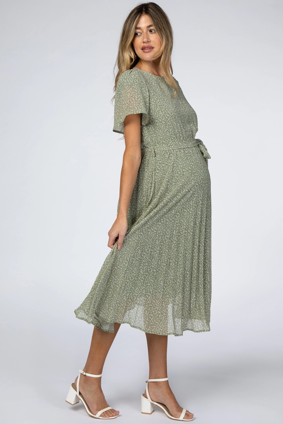 Light Olive Leaf Print Pleated Maternity Midi Dress PinkBlush 