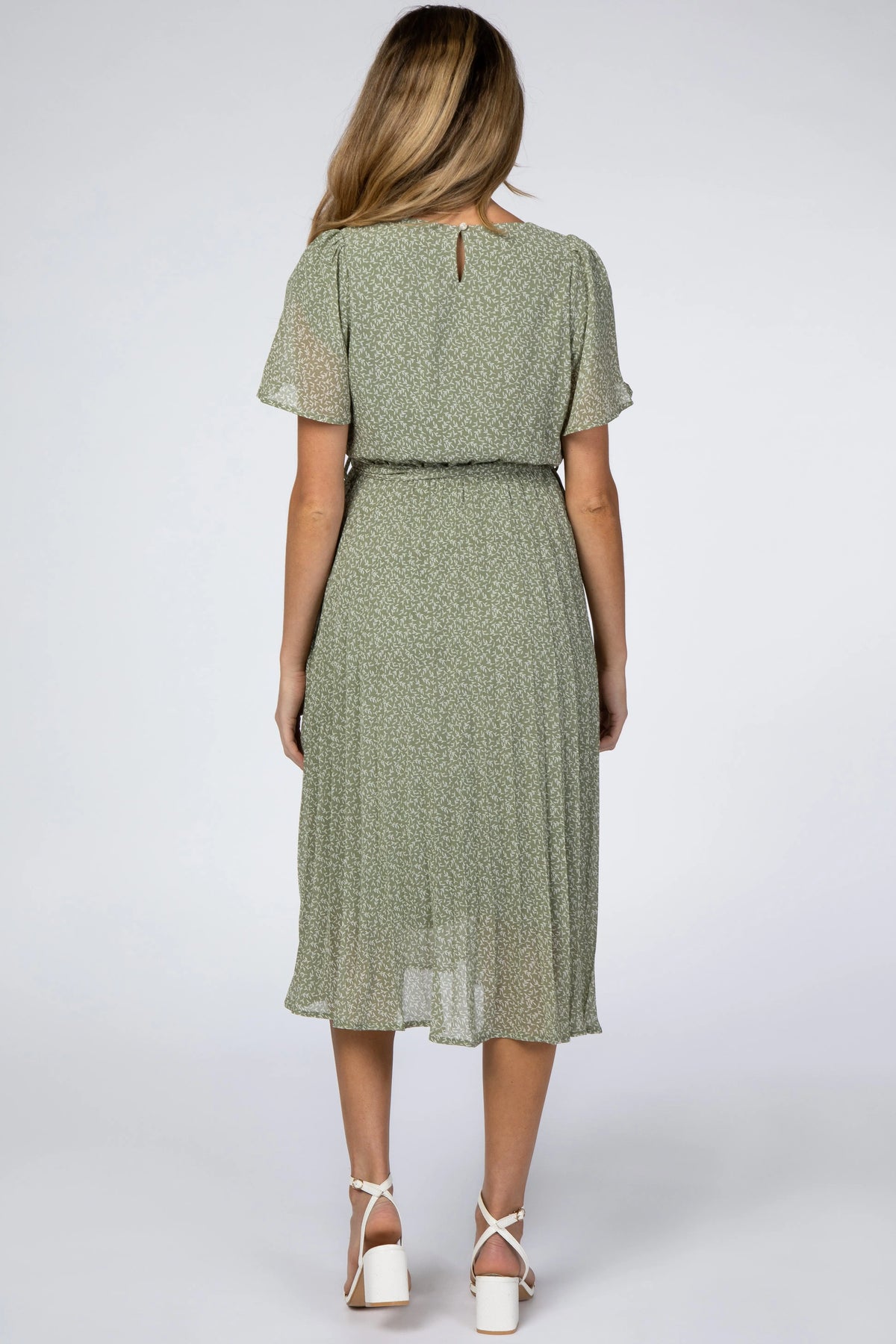 Light Olive Leaf Print Pleated Maternity Midi Dress PinkBlush 