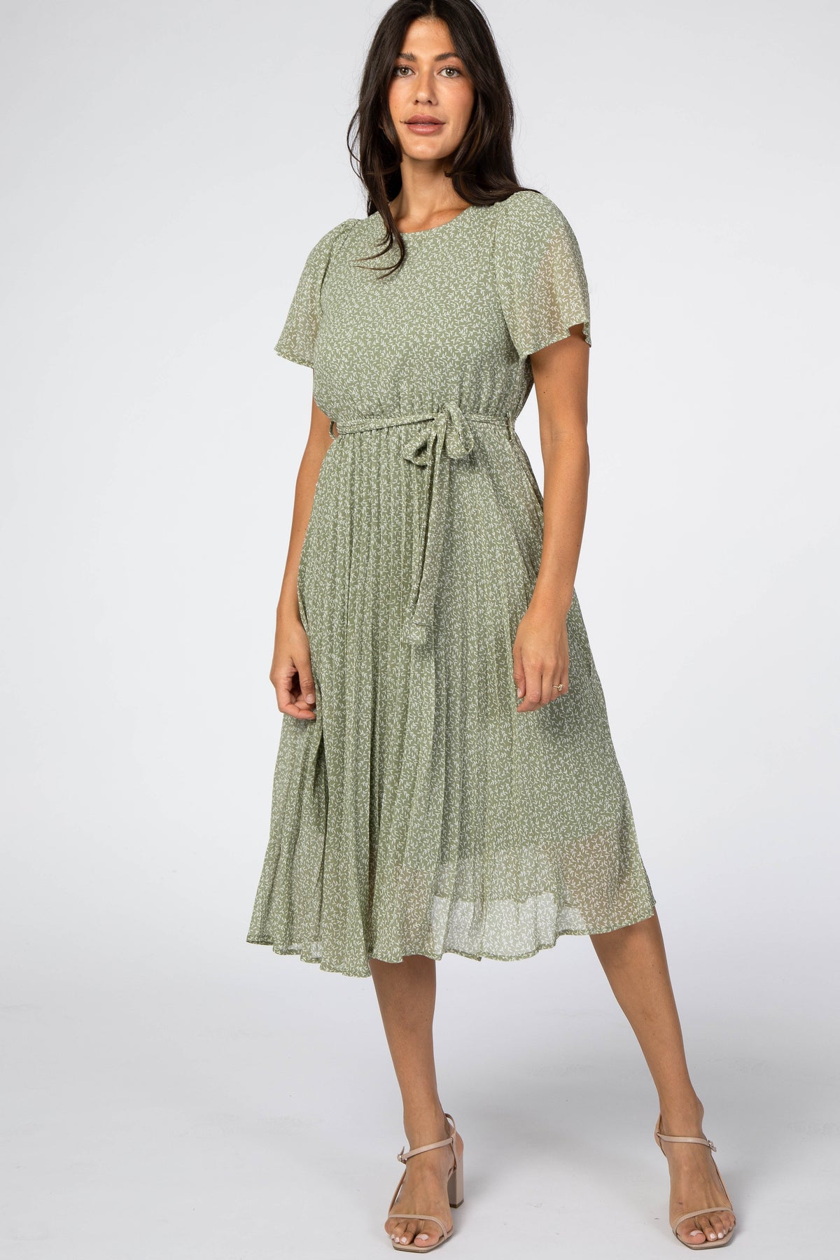 Light Olive Leaf Print Pleated Midi Dress - Dress, Day Dress, One-piece garment, Person, Sandal | Everetts Place