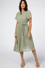 Light Olive Leaf Print Pleated Midi Dress - Dress, Day Dress, One-piece garment, Person, Sandal | Everetts Place