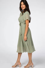 Light Olive Leaf Print Pleated Midi Dress PinkBlush 
