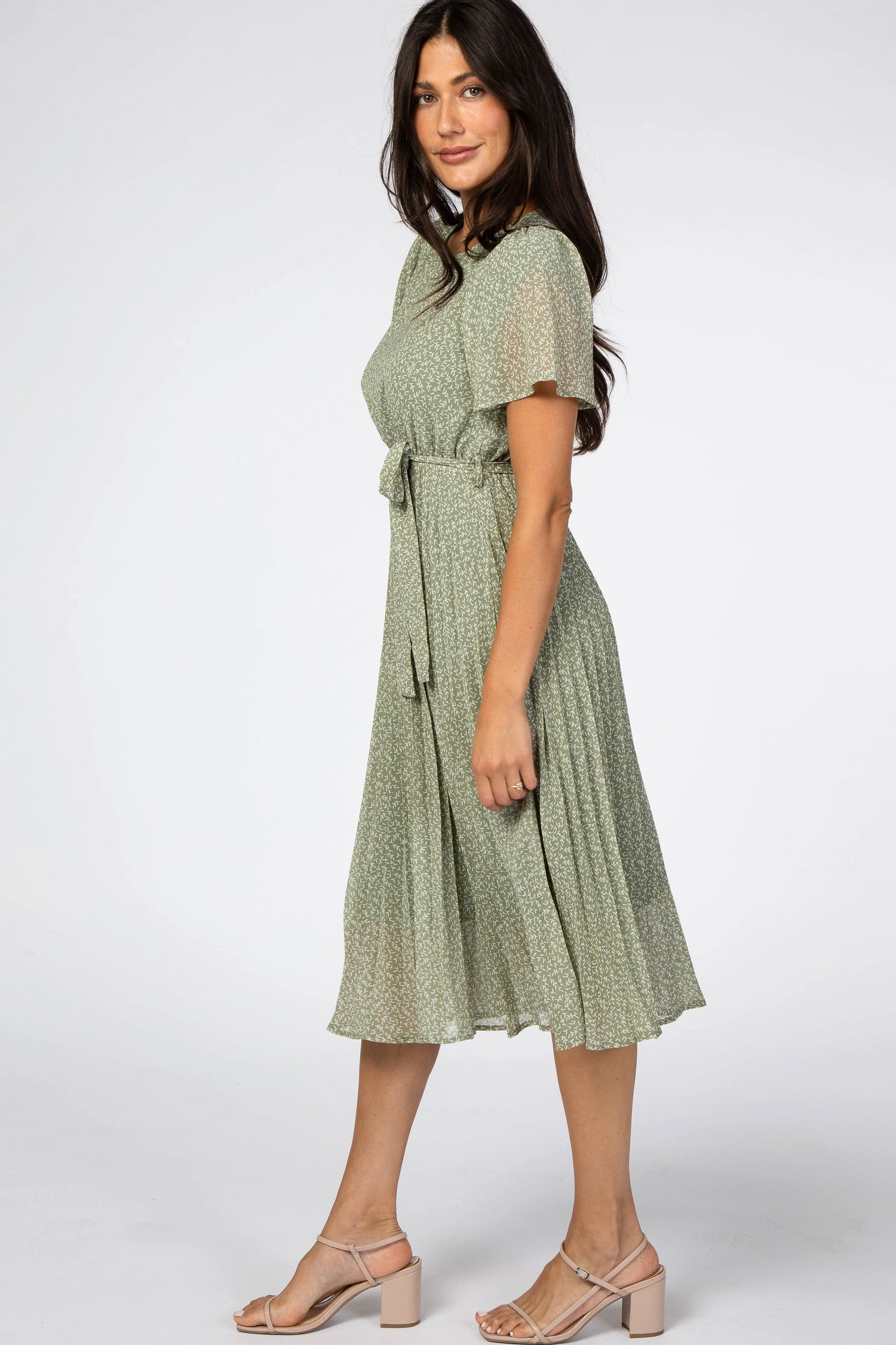 Light Olive Leaf Print Pleated Midi Dress PinkBlush 