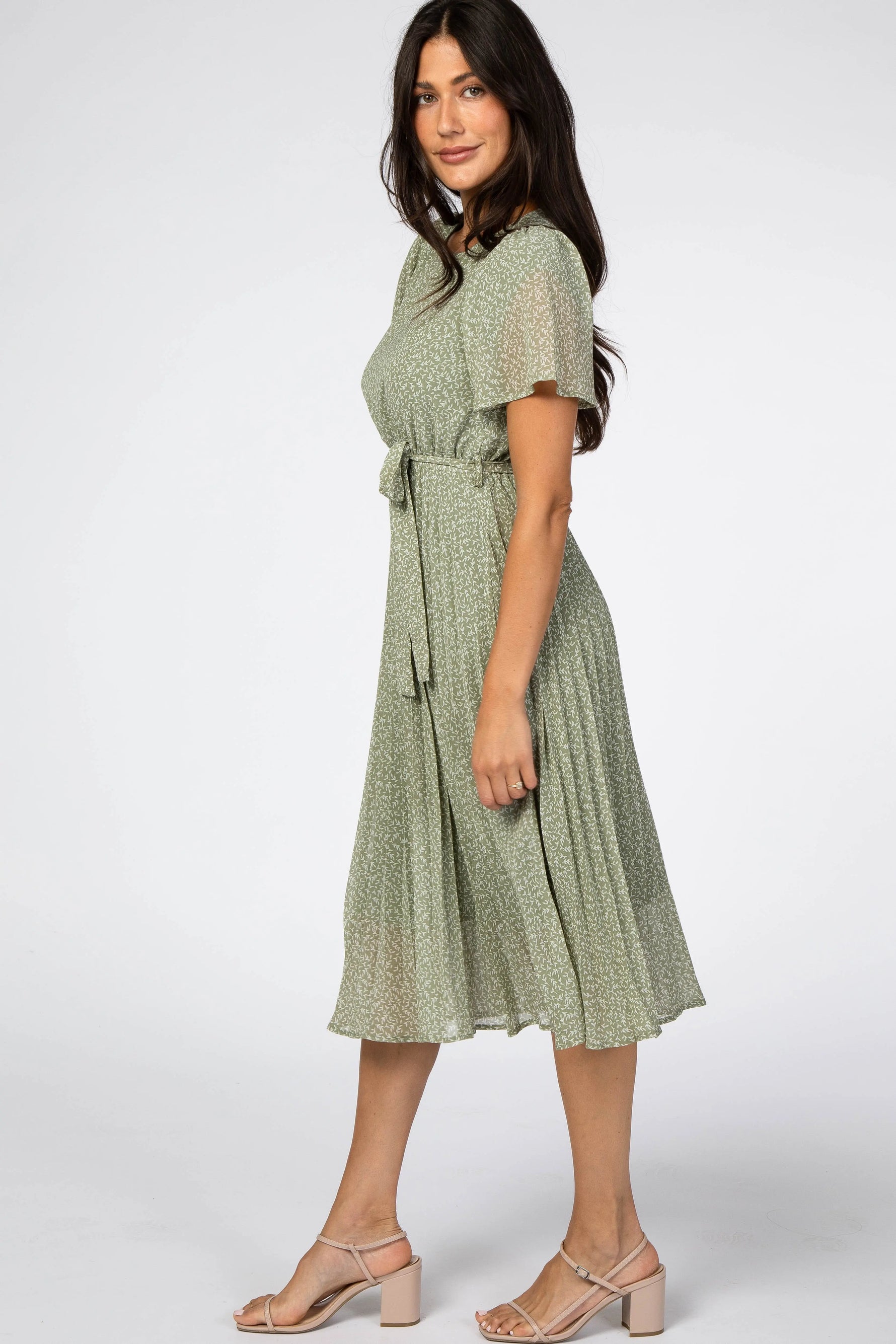 Light Olive Leaf Print Pleated Midi Dress PinkBlush 