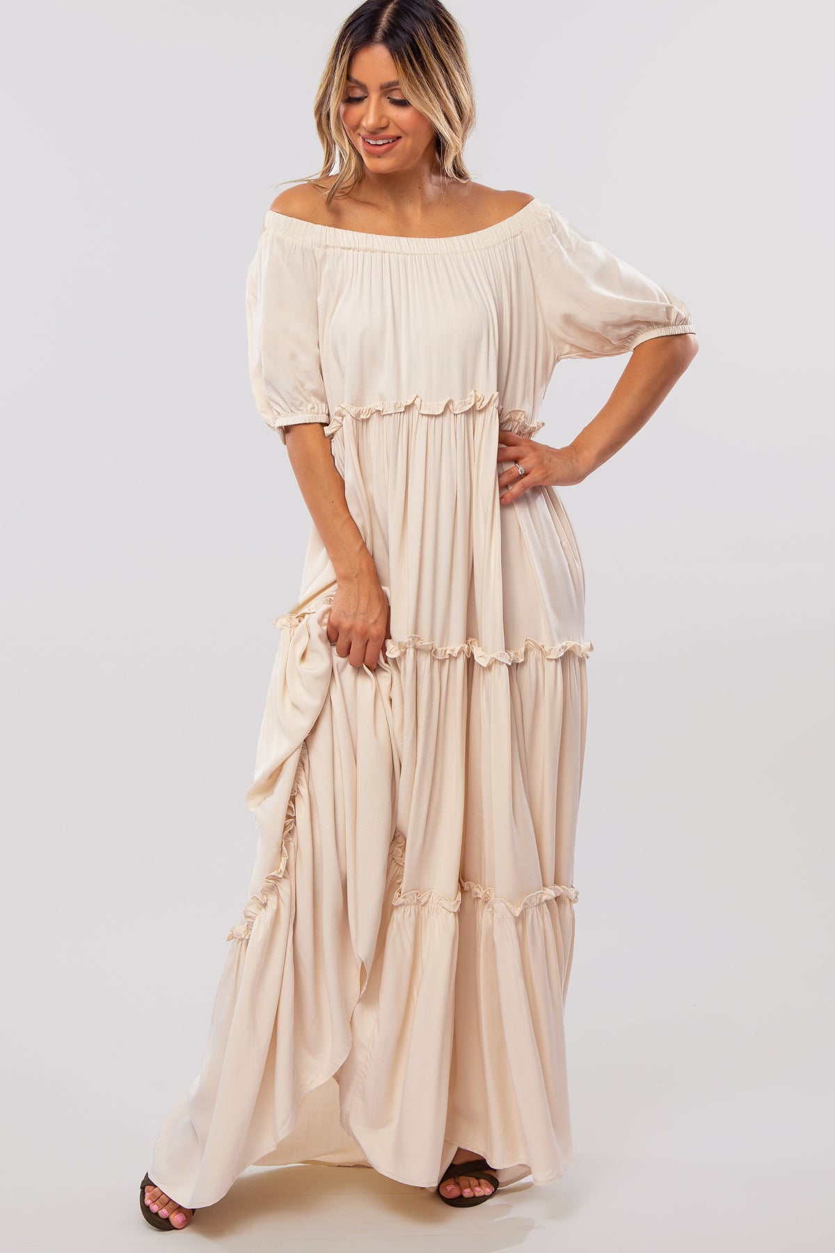 Off Shoulder Ruffle Tiered Maxi Dress by PinkBlush (view 3 of 9)