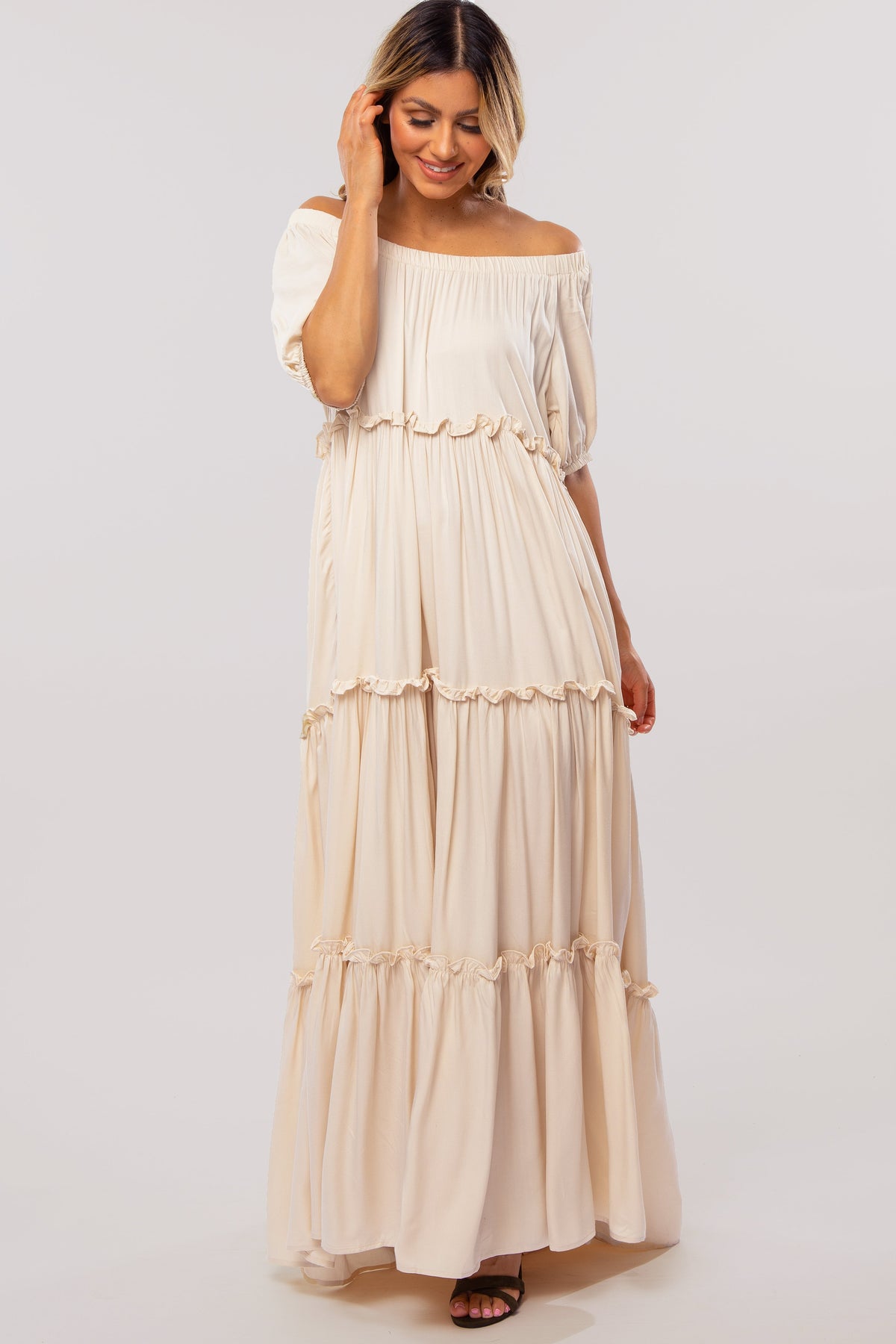 Off Shoulder Ruffle Tiered Maxi Dress by PinkBlush (view 2 of 9)