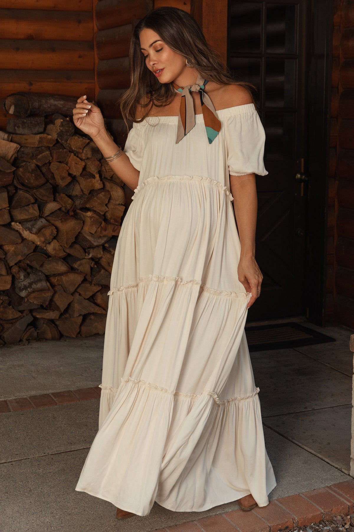 Off Shoulder Ruffle Tiered Maternity Maxi Dress by PinkBlush (view 1 of 28)