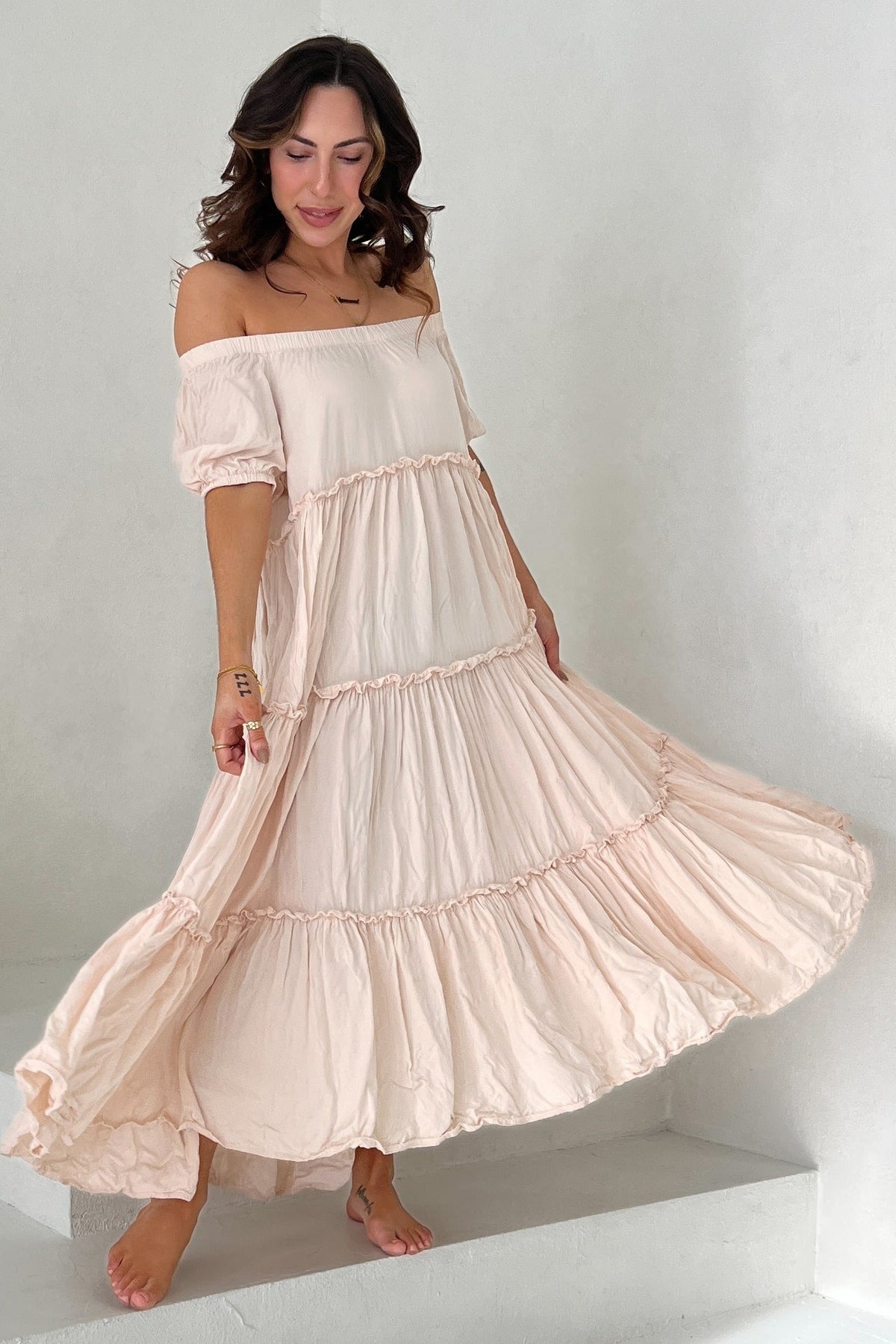 Off Shoulder Ruffle Tiered Maternity Maxi Dress by PinkBlush (view 28 of 28)