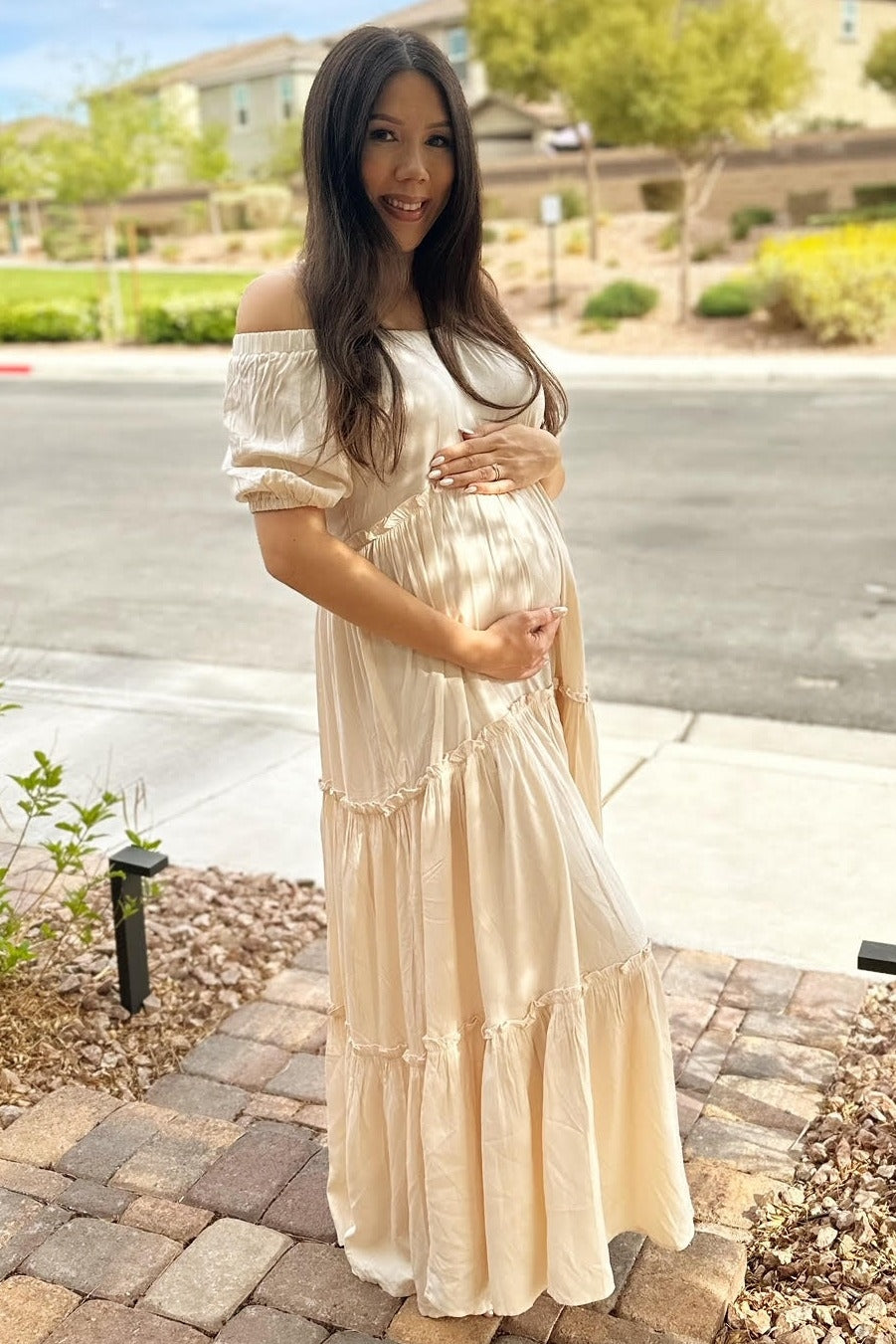 Off Shoulder Ruffle Tiered Maternity Maxi Dress by PinkBlush (view 8 of 28)