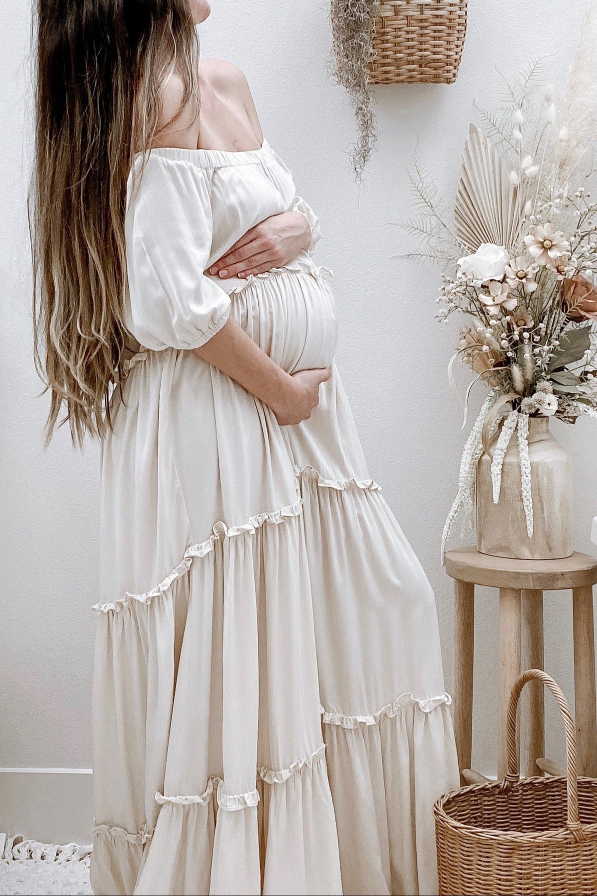 Off Shoulder Ruffle Tiered Maternity Maxi Dress by PinkBlush (view 9 of 28)