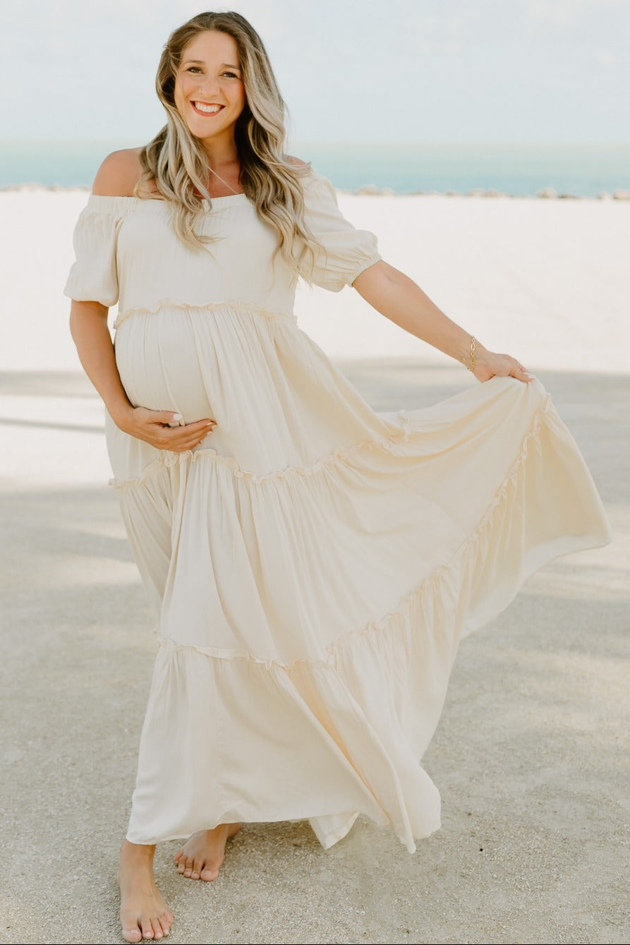 Off Shoulder Ruffle Tiered Maternity Maxi Dress by PinkBlush (view 15 of 28)