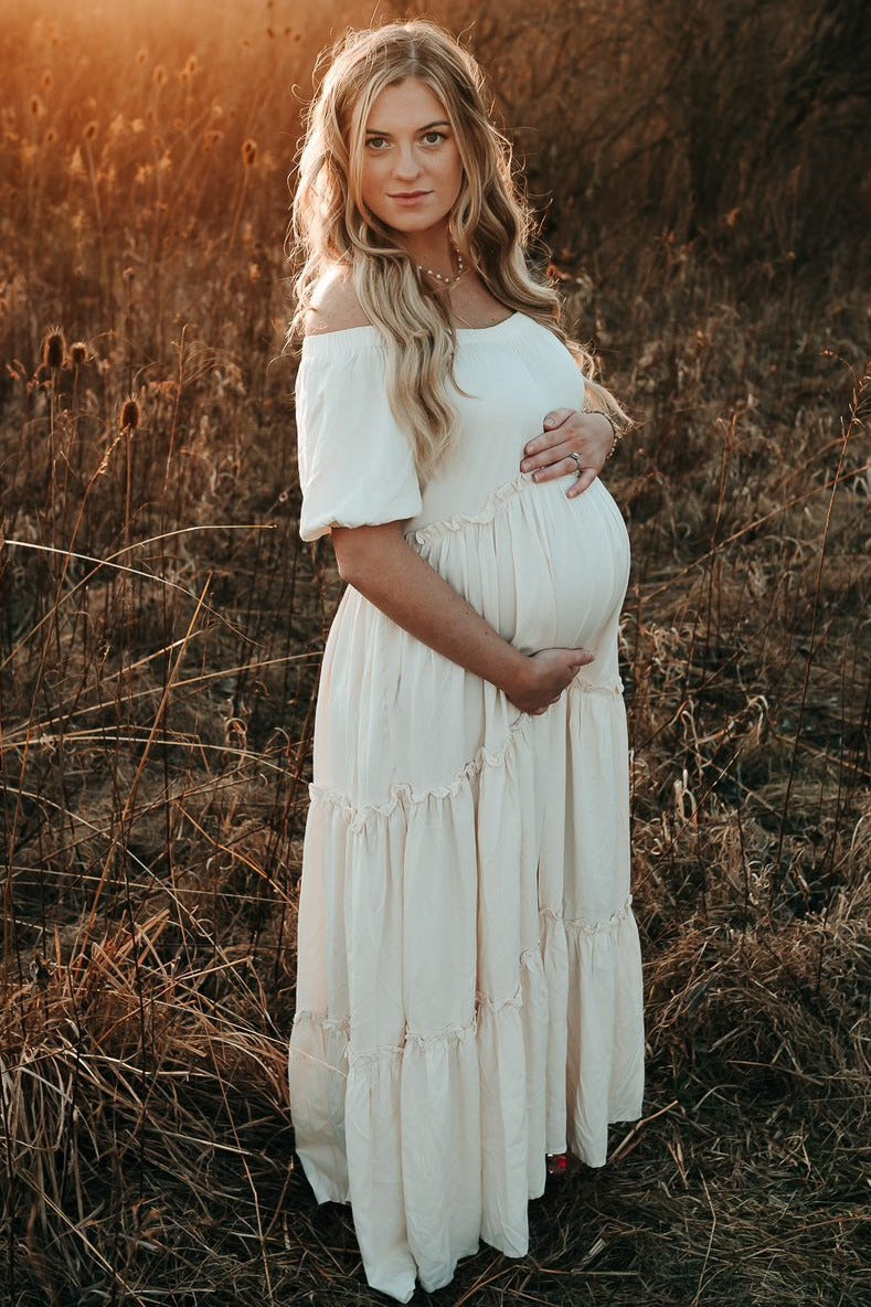 Off Shoulder Ruffle Tiered Maternity Maxi Dress by PinkBlush (view 18 of 28)