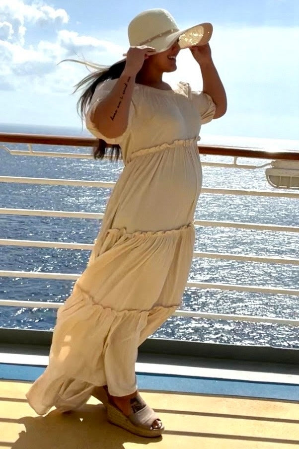 Off Shoulder Ruffle Tiered Maternity Maxi Dress by PinkBlush (view 19 of 28)