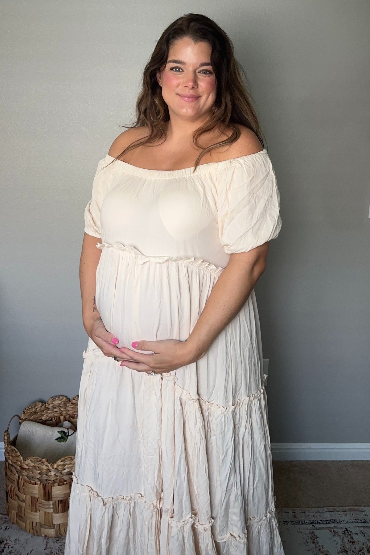 Off Shoulder Ruffle Tiered Maternity Maxi Dress by PinkBlush (view 22 of 28)