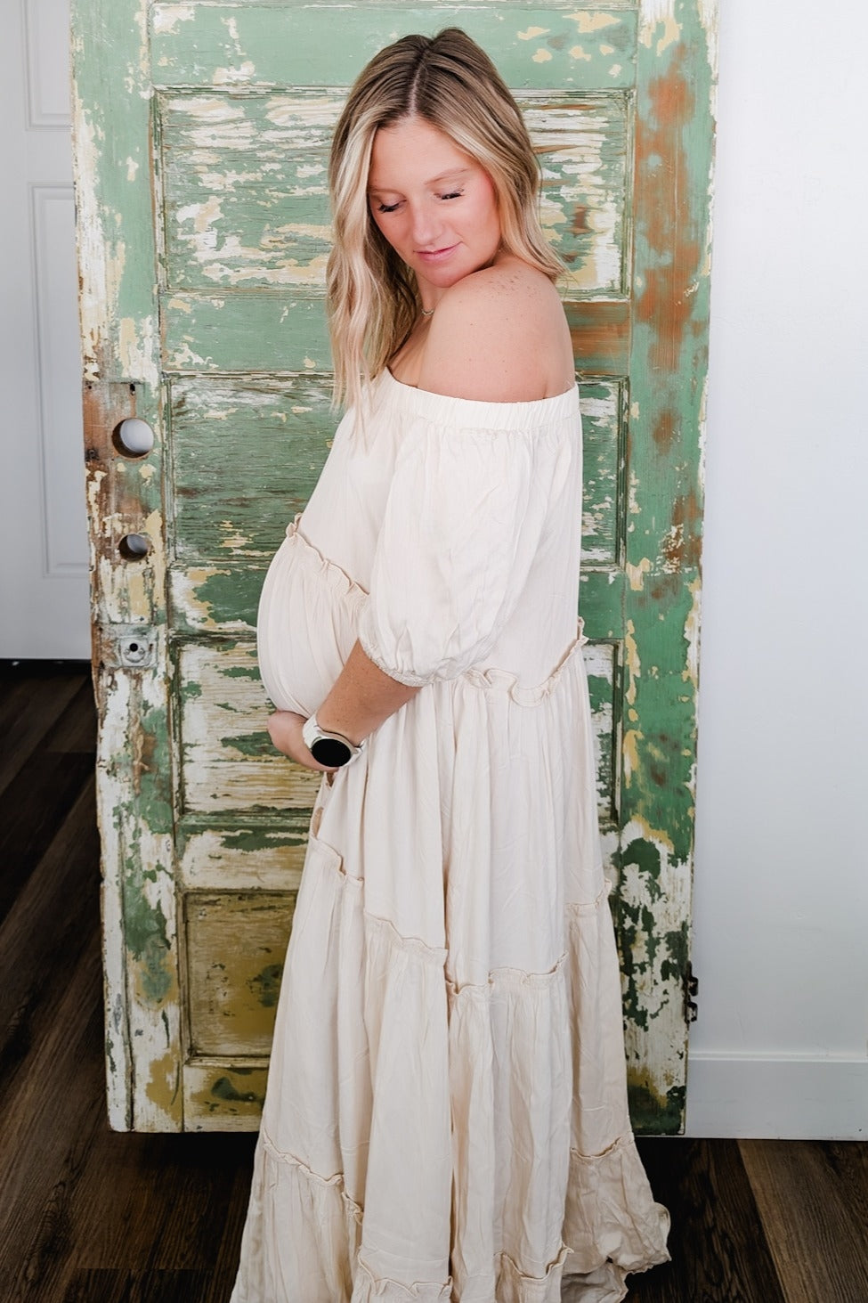 Off Shoulder Ruffle Tiered Maternity Maxi Dress by PinkBlush (view 27 of 28)
