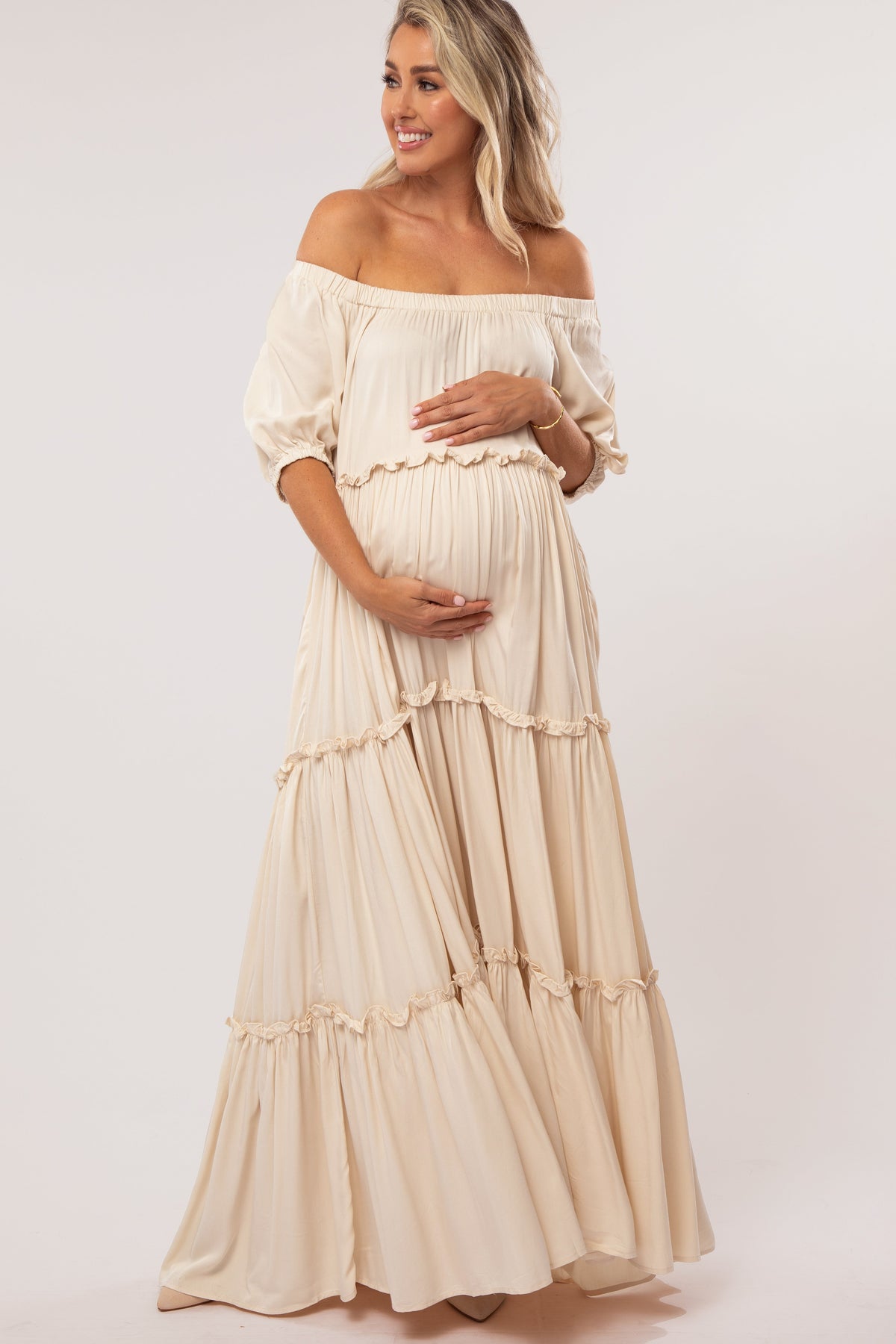 Off Shoulder Ruffle Tiered Maternity Maxi Dress by PinkBlush (view 2 of 28)