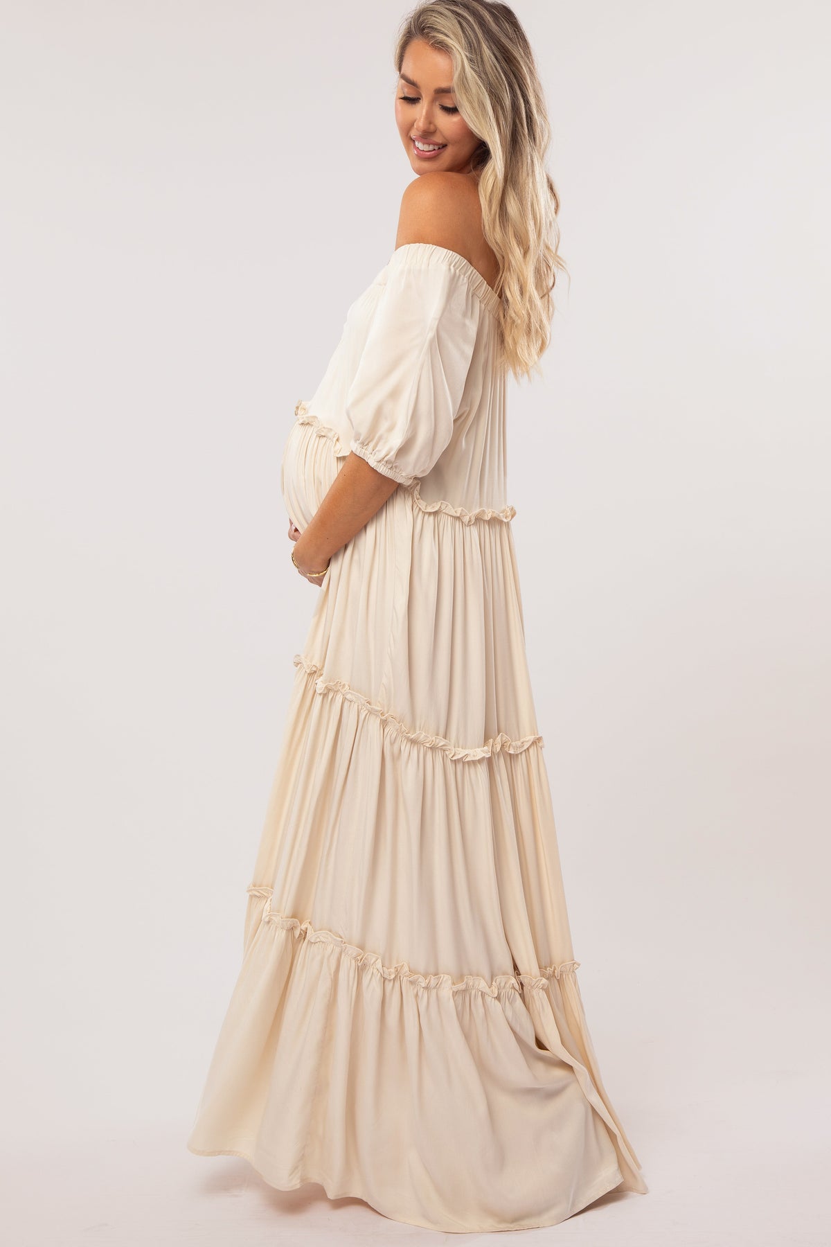 Off Shoulder Ruffle Tiered Maternity Maxi Dress by PinkBlush (view 3 of 28)