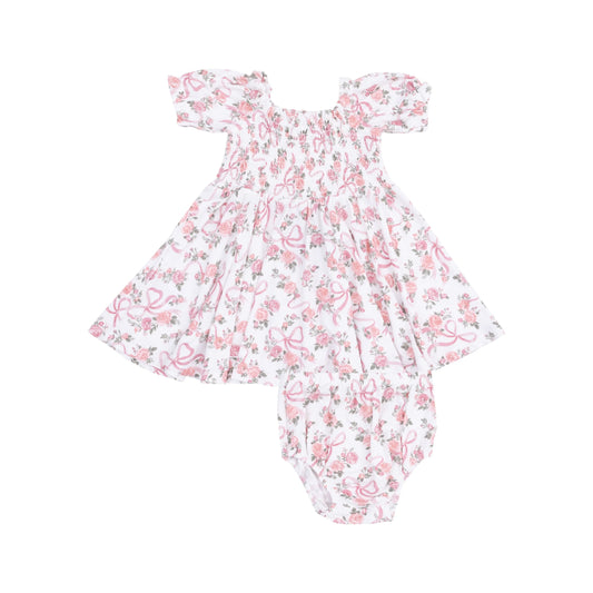 Puff Sleeve Smocked Dress And Diaper Cover Ribbons And Flowers.