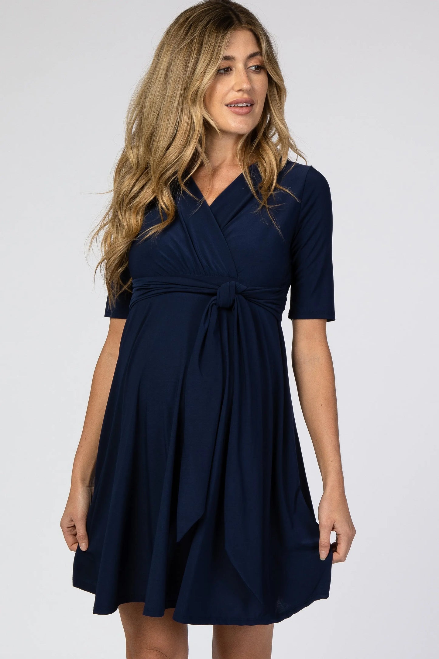 PinkBlush Navy Maternity Nursing Dress with Waist Tie for Expecting Mothers - Apparel & Accessories > Clothing > Dresses