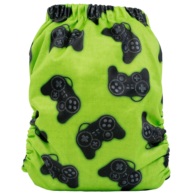 Slim Fit AIO Cloth Diaper with game controller print on green fabric.