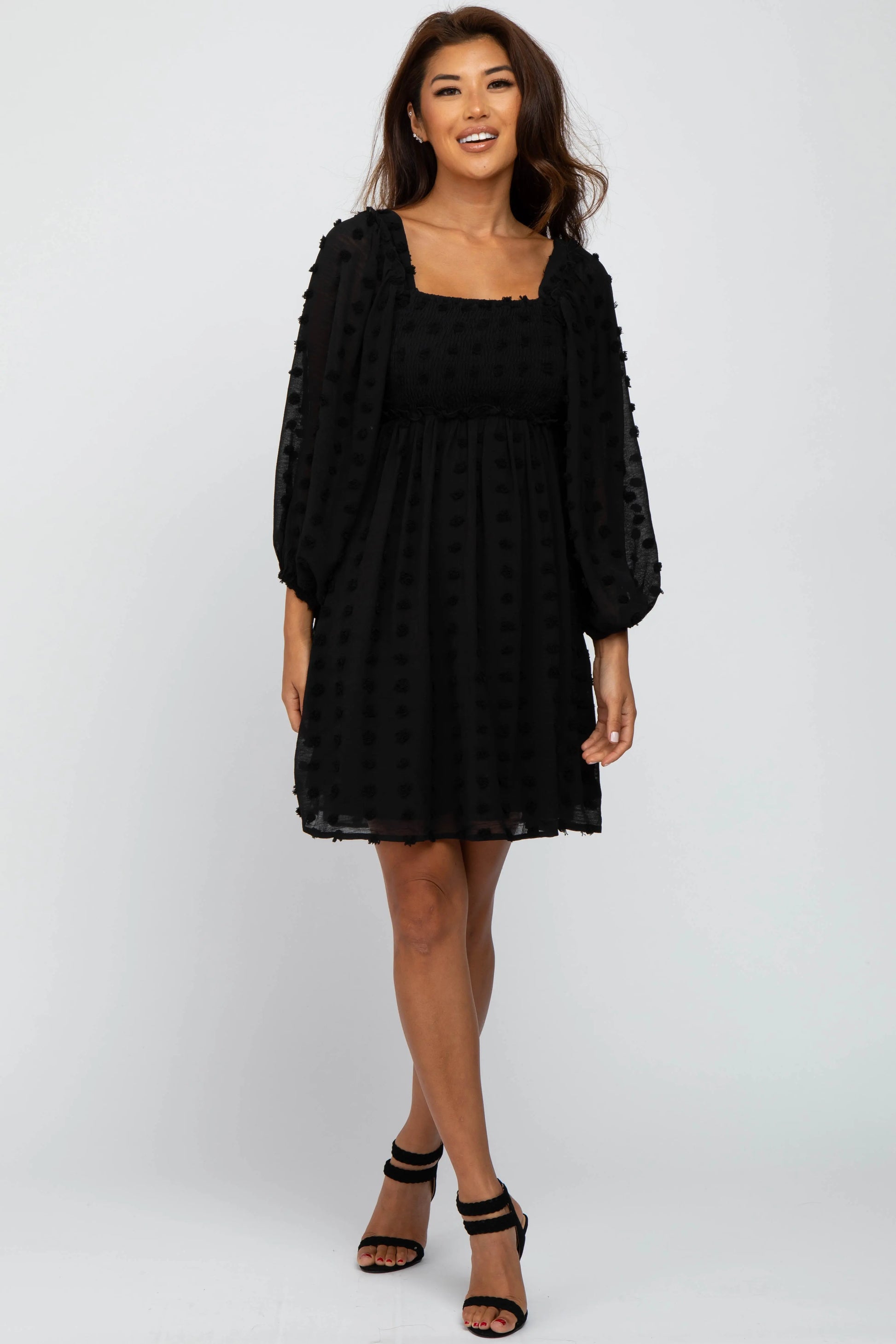 Black Textured Dot Smocked Square Neck Chiffon Dress with Ruffle Sleeves PinkBlush