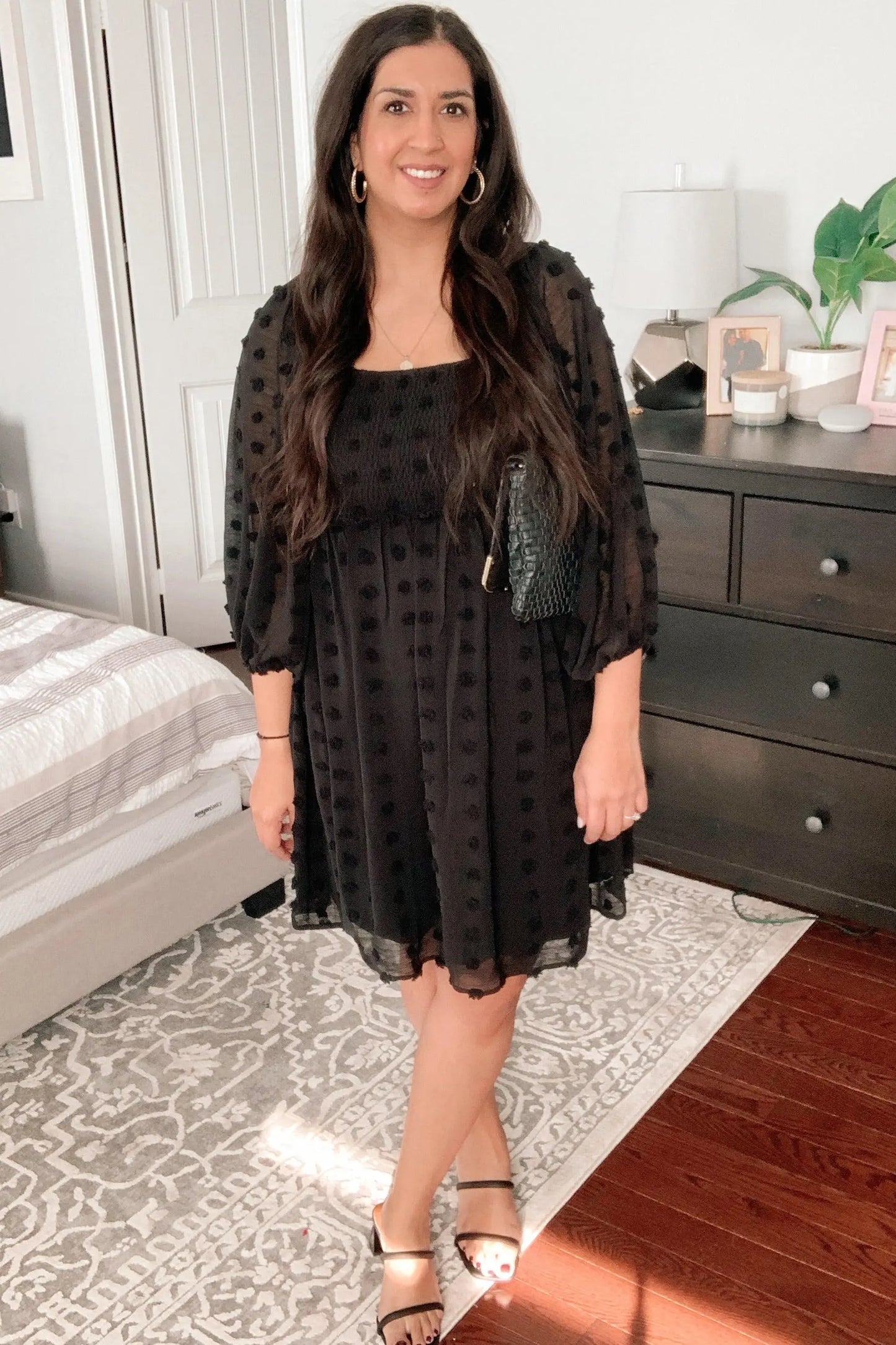 Black Textured Dot Smocked Square Neck Chiffon Dress with Ruffle Sleeves PinkBlush