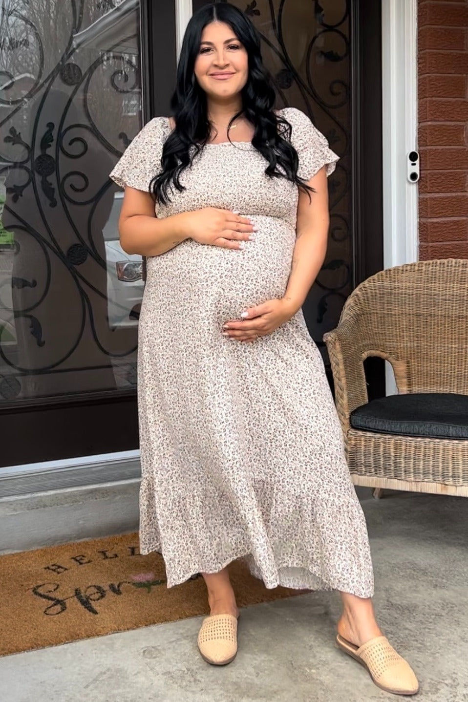 Ivory Floral Smocked Maternity Maxi Dress by PinkBlush (view 6 of 29)