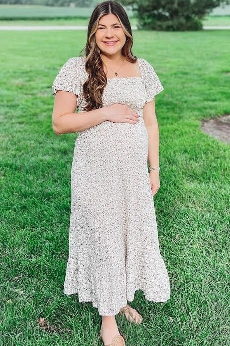 Ivory Floral Smocked Maternity Maxi Dress by PinkBlush (view 10 of 29)