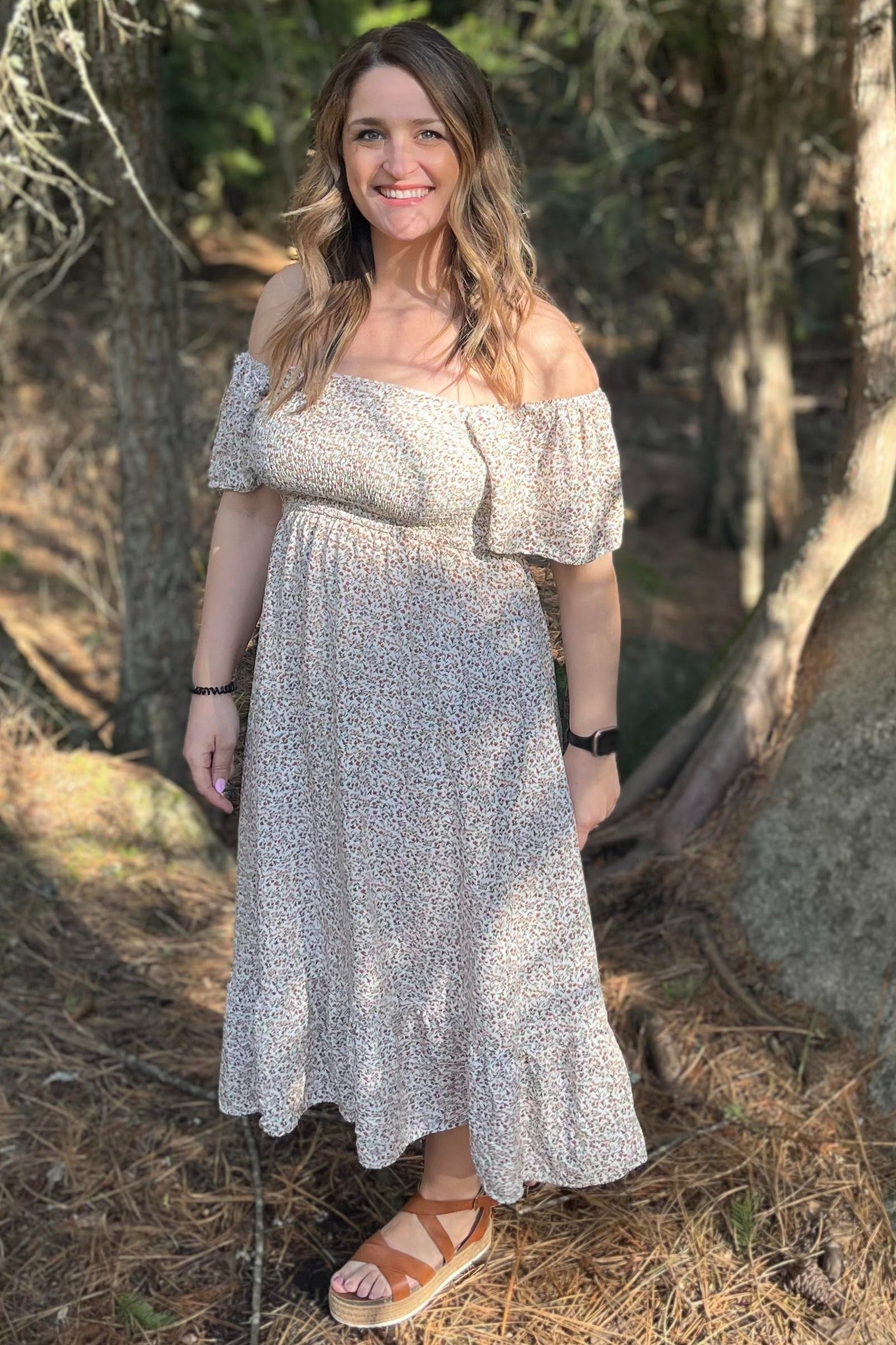 Ivory Floral Smocked Maxi Dress by PinkBlush (view 10 of 24)