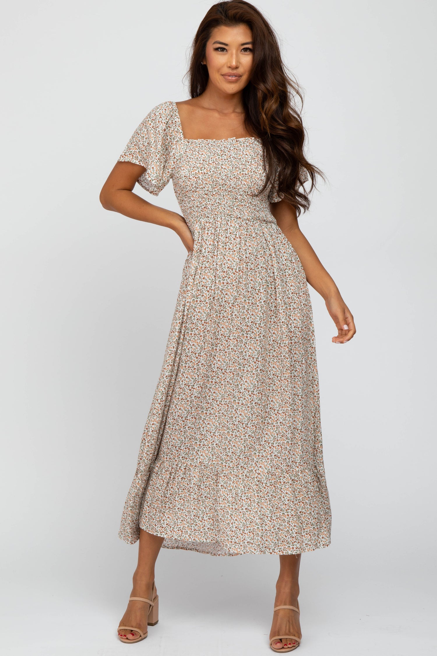 Ivory Floral Smocked Maxi Dress by PinkBlush (view 1 of 24)