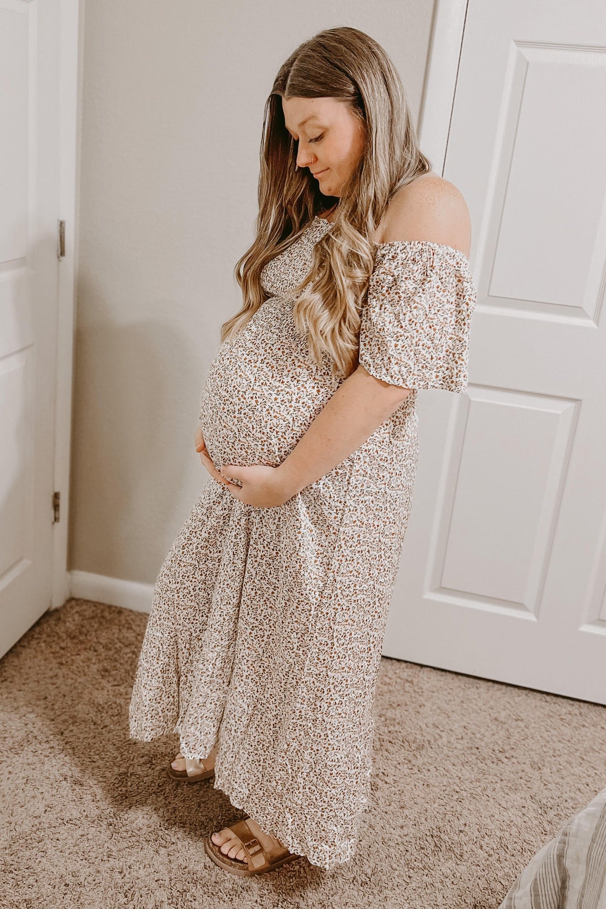 Ivory Floral Smocked Maternity Maxi Dress by PinkBlush (view 28 of 29)