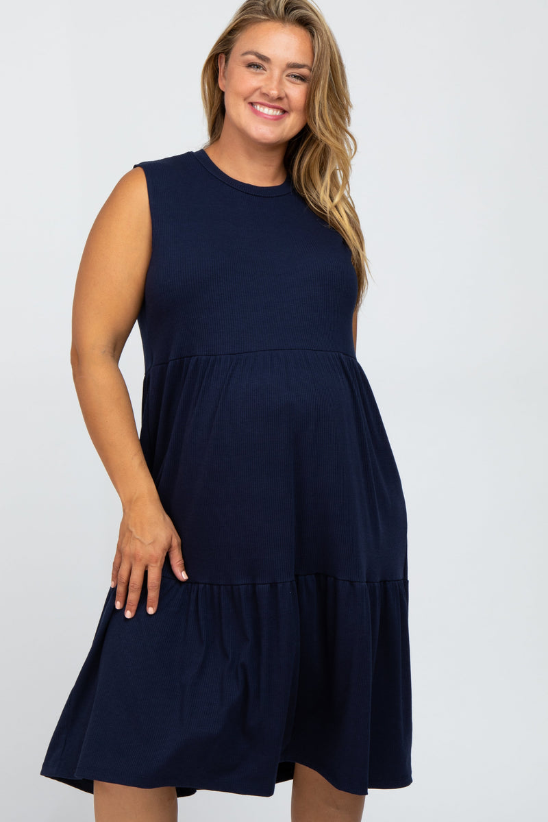 Navy Ribbed Sleeveless Plus Maternity Midi Dress PinkBlush