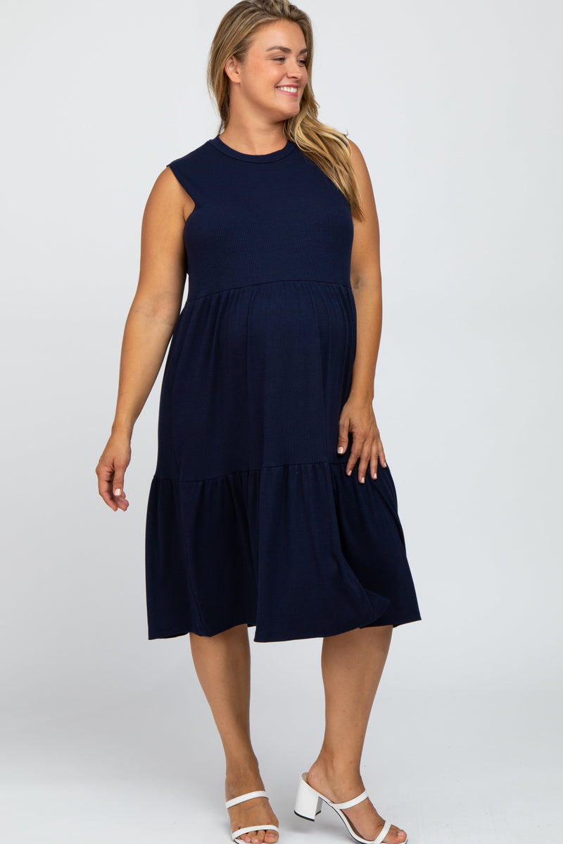 Navy Ribbed Sleeveless Plus Maternity Midi Dress PinkBlush
