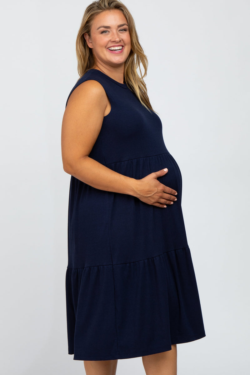 Navy Ribbed Sleeveless Plus Maternity Midi Dress PinkBlush