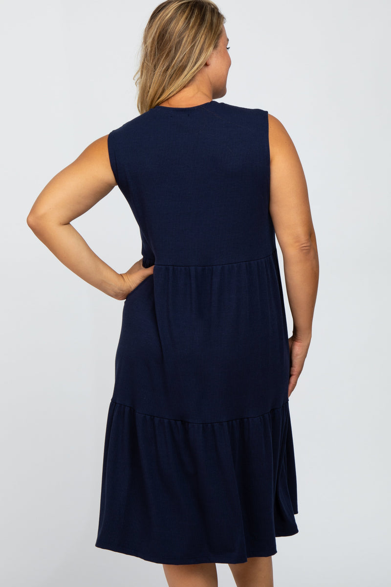 Navy Ribbed Sleeveless Plus Maternity Midi Dress PinkBlush