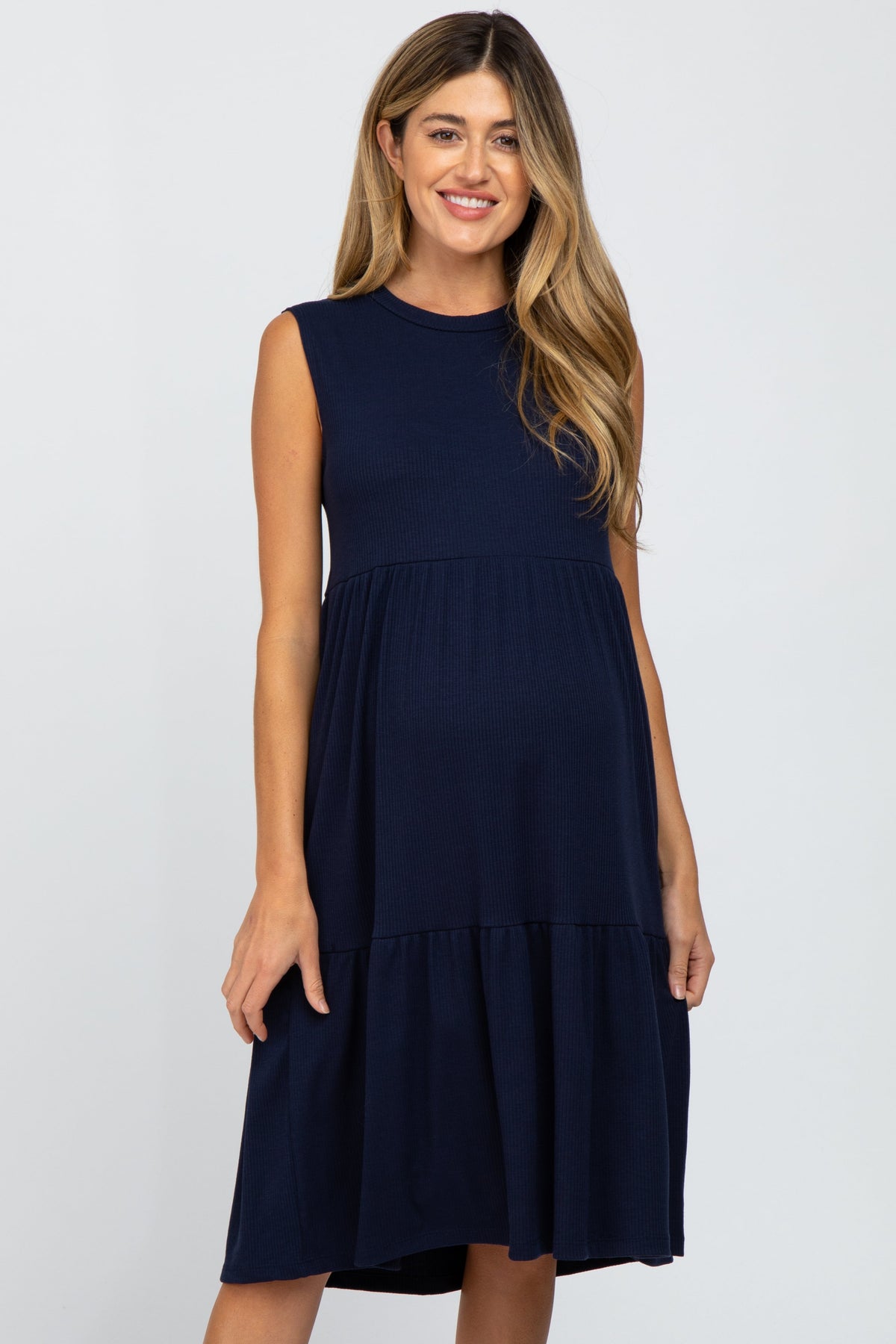 Navy Ribbed Sleeveless Maternity Midi Dress by PinkBlush (view 3 of 4)