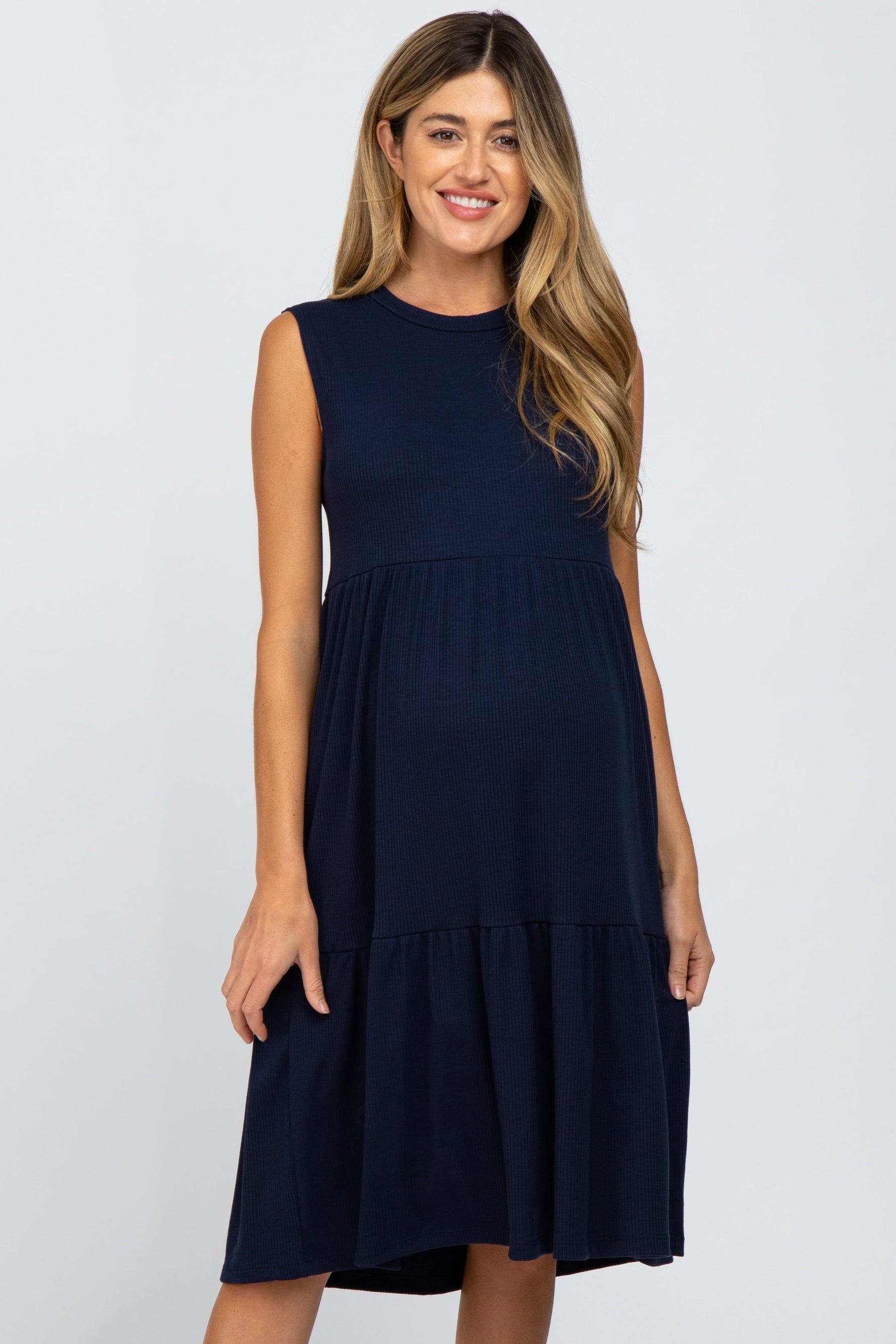 Navy Ribbed Sleeveless Maternity Midi Dress by PinkBlush at Everetts Place
