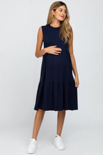Navy Ribbed Sleeveless Maternity Midi Dress by PinkBlush (view 1 of 4)