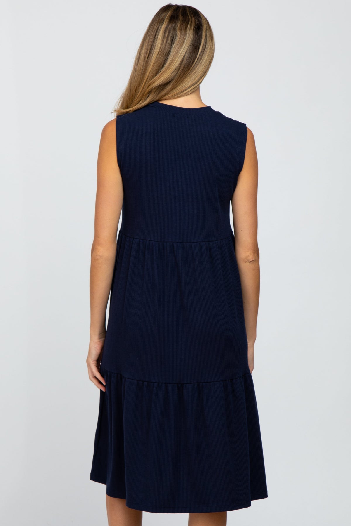 Navy Ribbed Sleeveless Maternity Midi Dress by PinkBlush (view 2 of 4)
