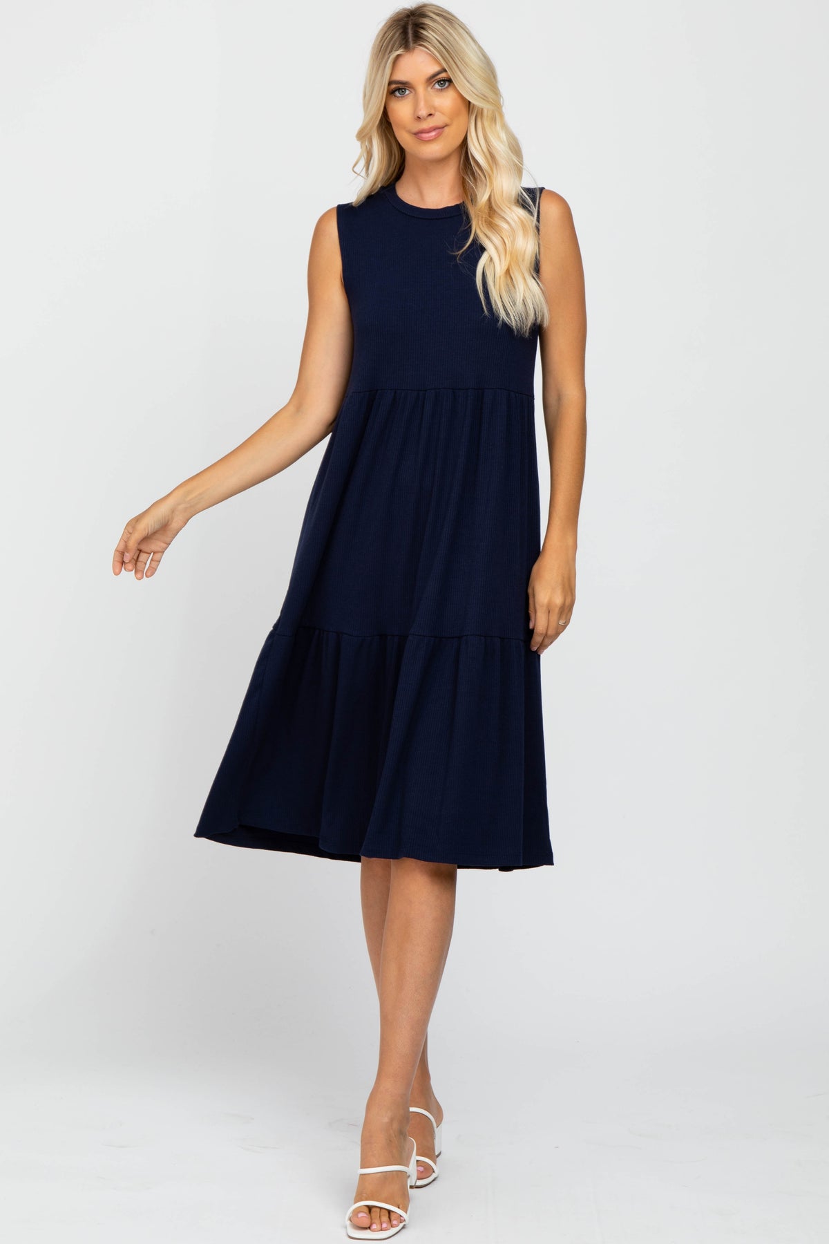 Navy Ribbed Sleeveless Maternity Midi Dress by PinkBlush (view 4 of 4)