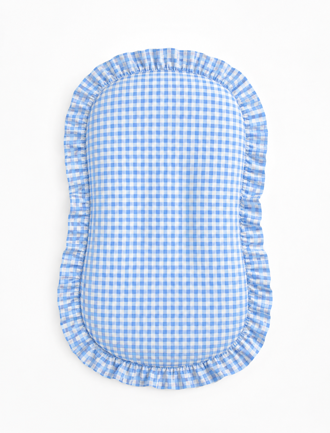 Baby lounger cover in blue gingham cotton with a ruffle trim along the top edge.