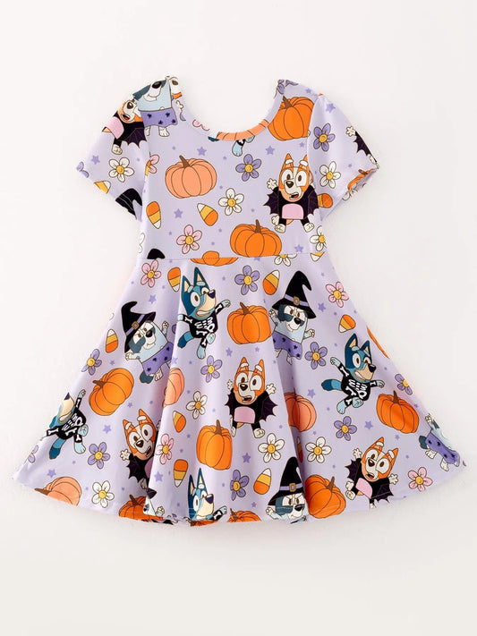 Cute Pumpkin Print Milk Silk Dress for Halloween Fun for Girls Rylee Faith Designs