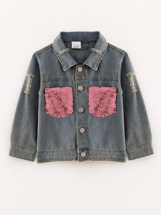 Girls Sequins Denim Jacket Stylish Versatile Top Coat Rylee Faith Designs