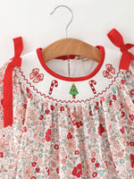 Christmas Red Floral Girls Dress Candy Cane Bow Embroidery Dress by Rylee Faith Designs