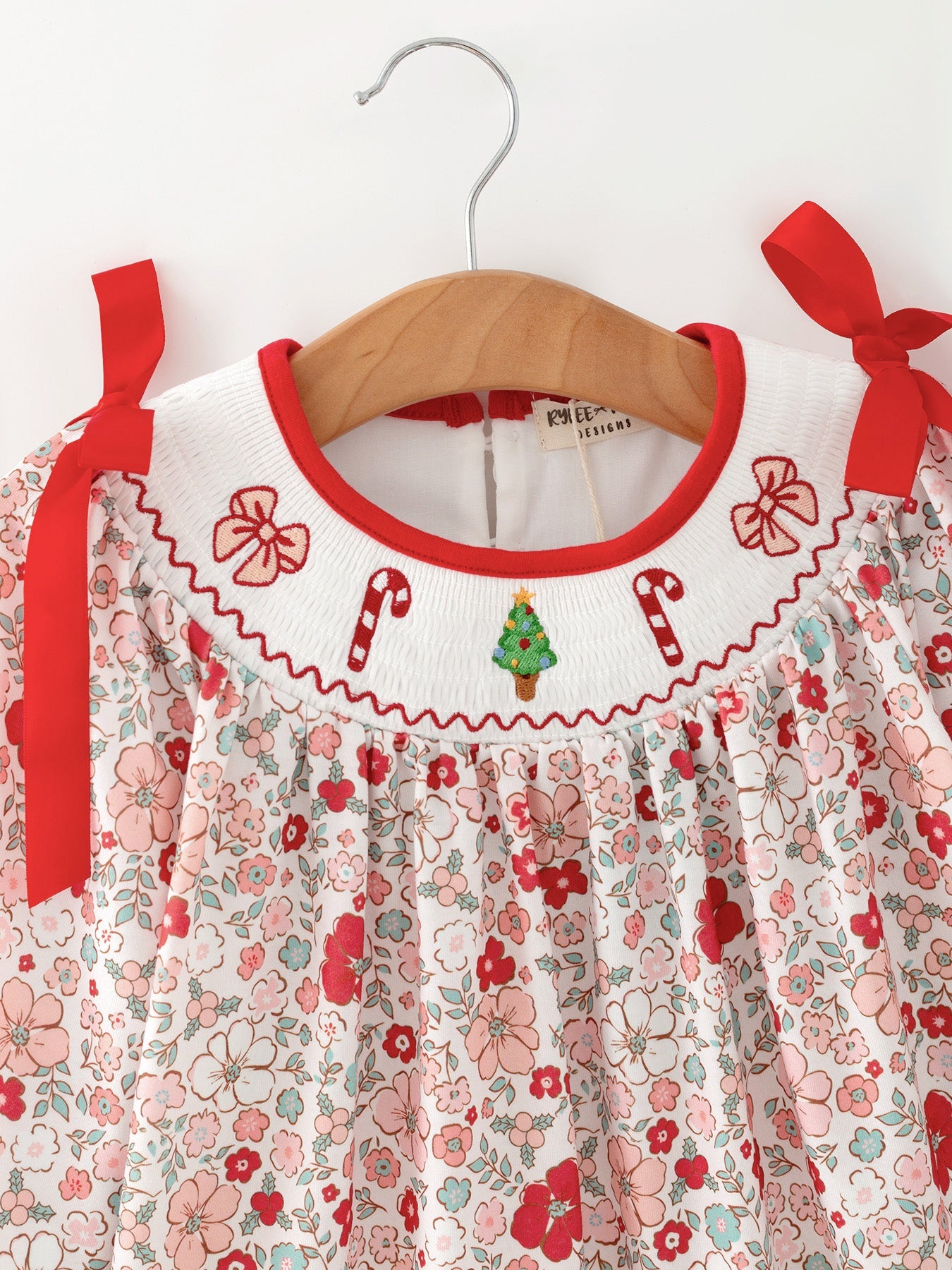 Christmas Red Floral Girls Dress Candy Cane Bow Embroidery Dress by Rylee Faith Designs