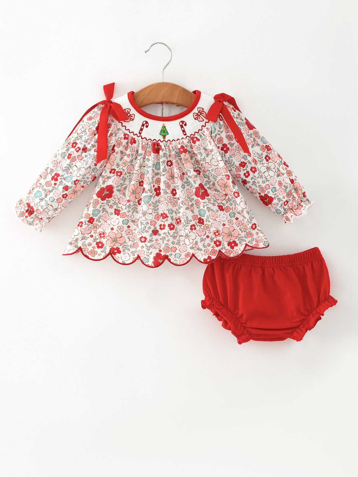 Christmas Red Floral Baby Girl Outfit Set Embroidery Bloomer Set by Rylee Faith Designs