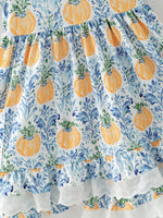 Girls Fall Pumpkin Patch Dress with Lace Trim and Pockets by Rylee Faith Designs
