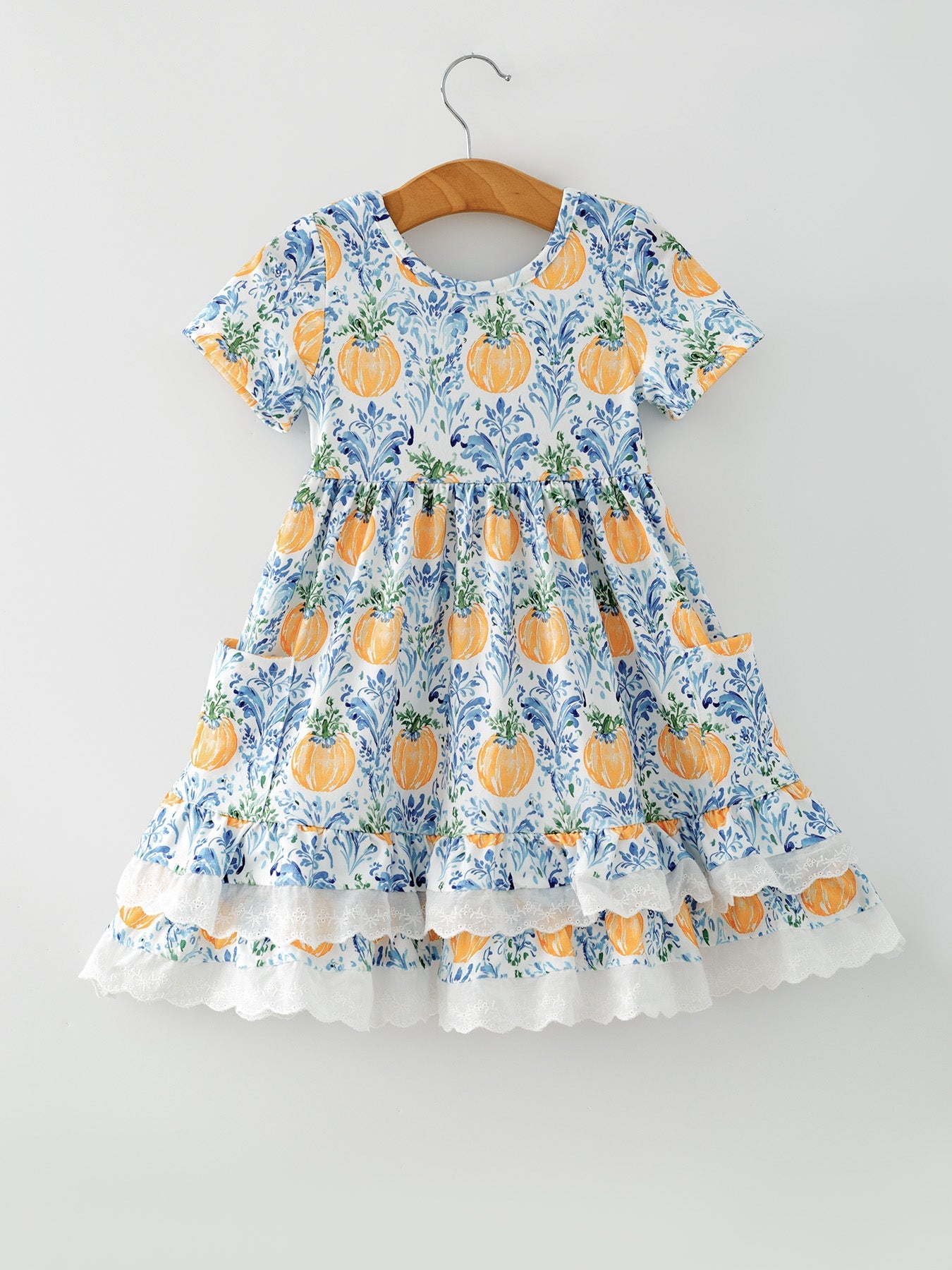 Girls Fall Pumpkin Patch Dress with Lace Trim and Pockets