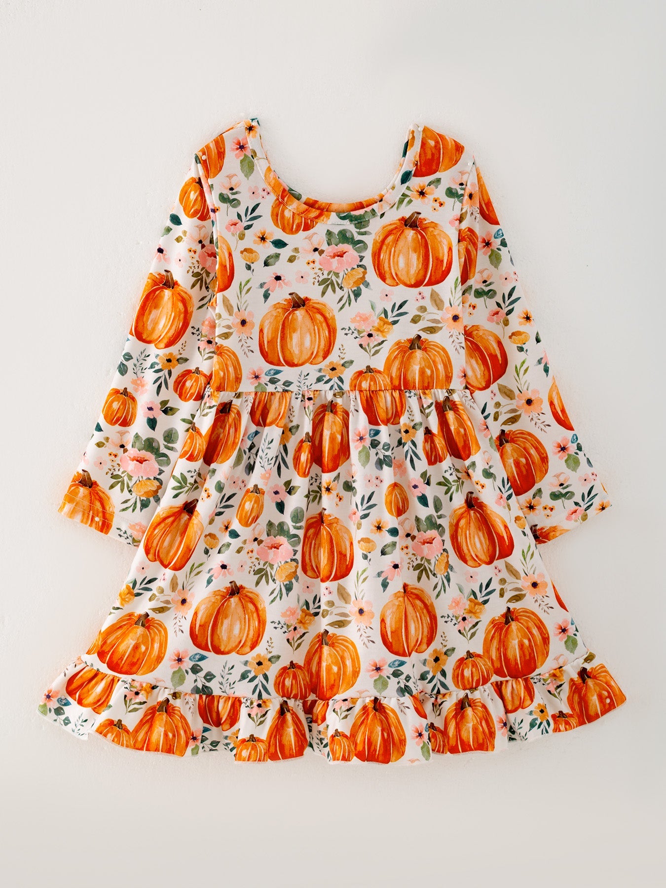 Polyester Spandex Girls Dress, Pumpkin Print, Long Sleeve