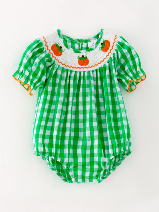 Halloween Green Baby Girls Smocked Embroidered Plaid Romper Rylee Faith Designs Everetts Place: Online Boutique